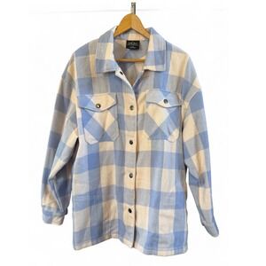 Women HFX Blue and White Buffalo Plaid Comfy Soft Casual Shacket Shirt Jacket L